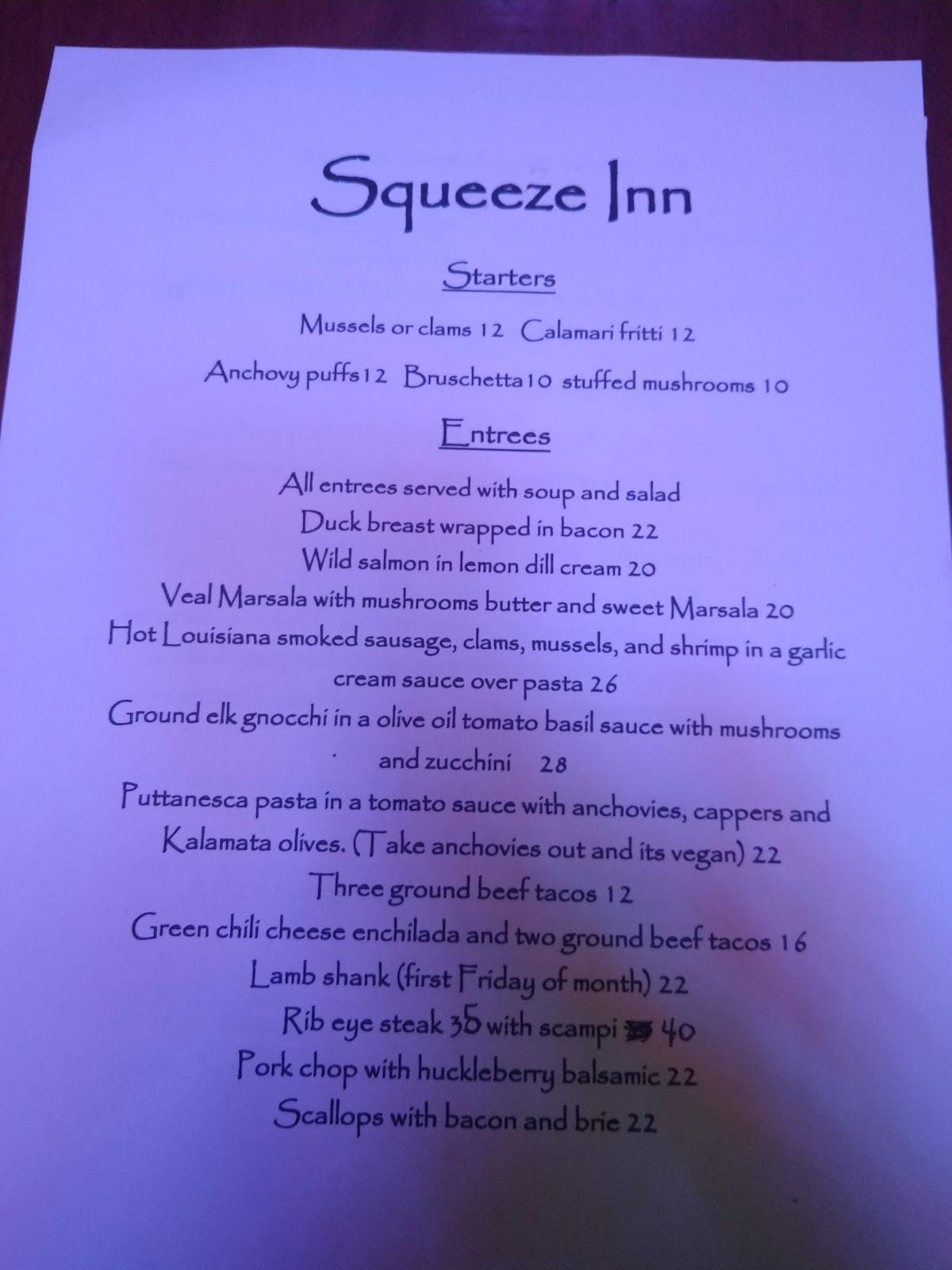 Menu at Squeeze inn restaurant, Clark Fork