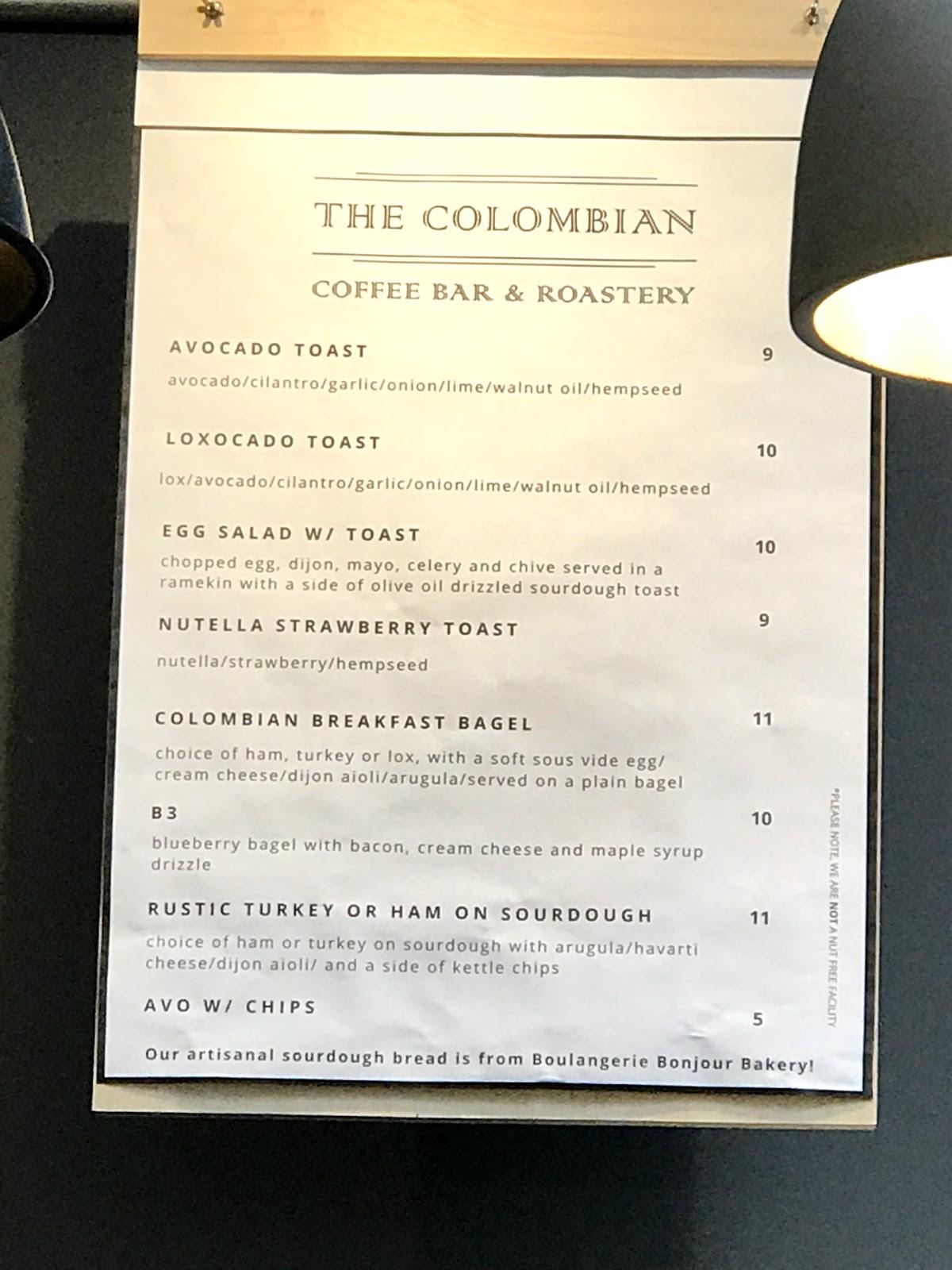 Menu at The Colombian Coffee Bar & Roastery, Edmonton
