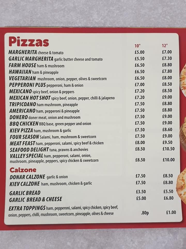 Menu at Valley Kebab and Pizza pizzeria, Valley
