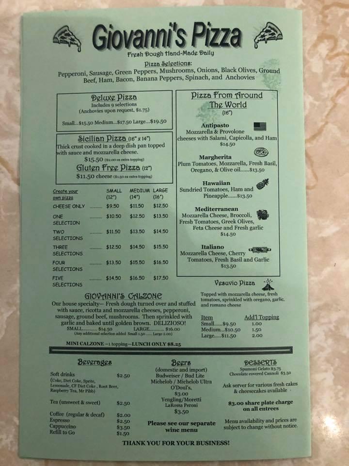 Menu at Giovanni's pizzeria, The Villages