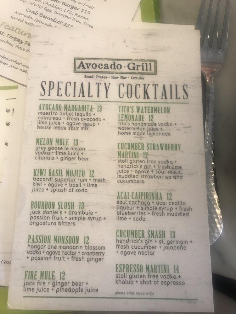 Menu at Avocado Grill restaurant, West Palm Beach