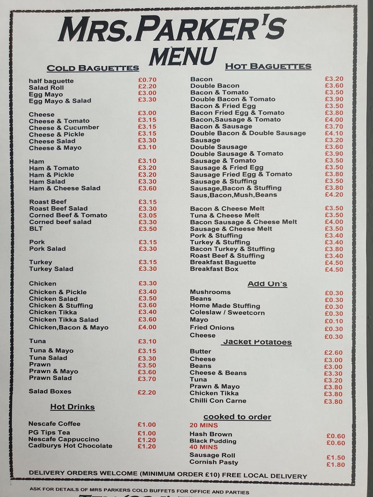 Menu At Mrs Parkers Cafe Nuneaton