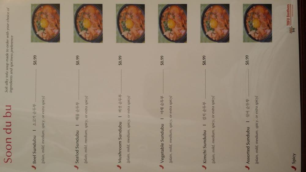 Menu at Tofu Brothers restaurant, Anaheim