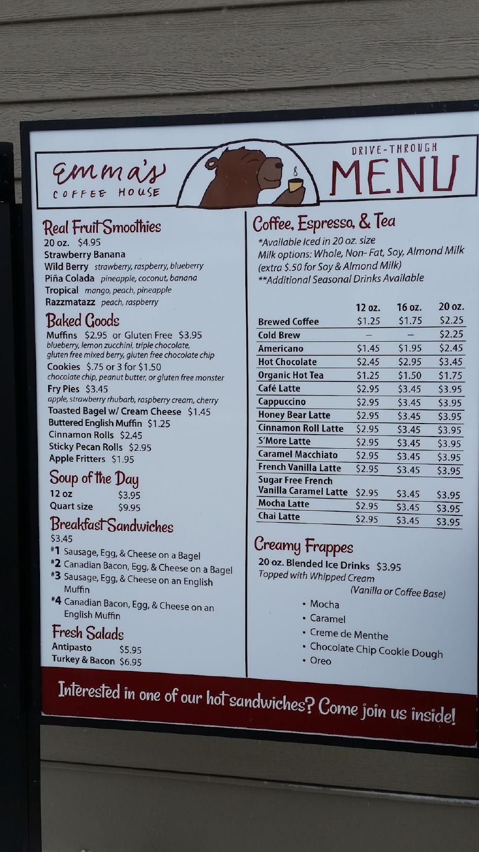 Menu at Emma's Coffee House, Bad Axe