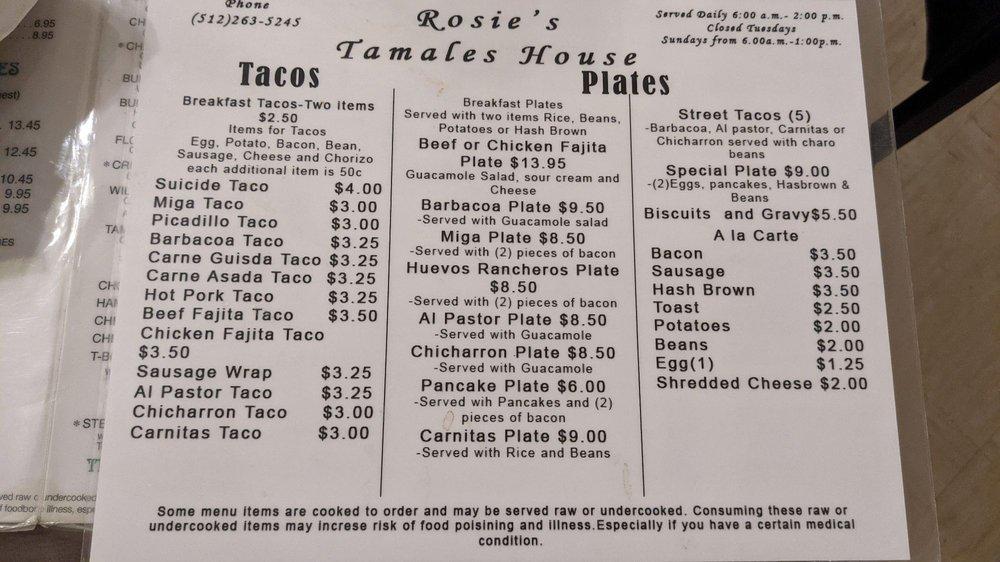 Menu at Rosie's Tamale House restaurant, Bee Cave, State Hwy 71