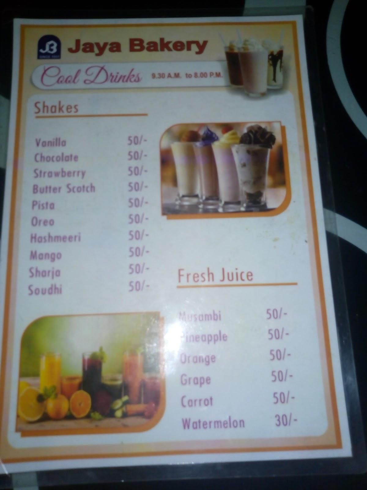 Menu at Jaya Bakery Kokkala, Thrissur