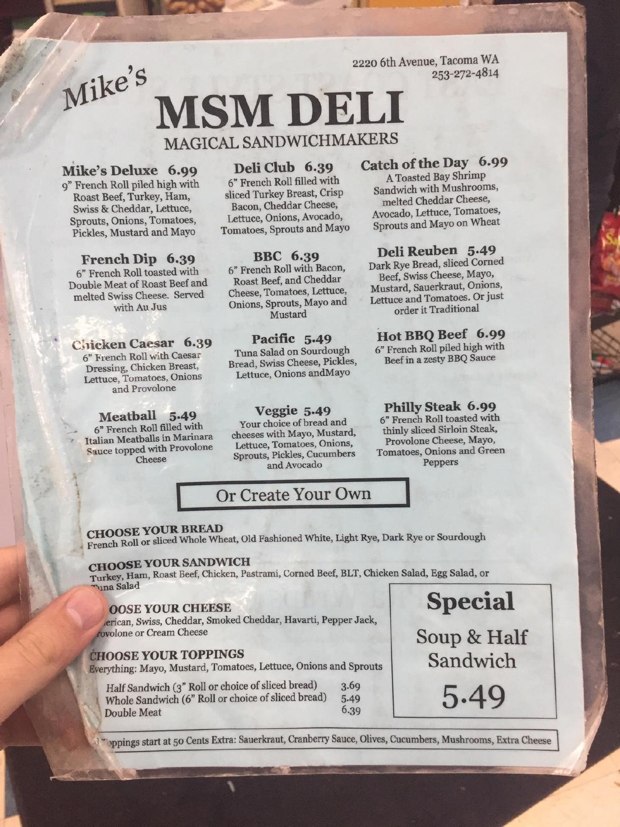 Menu at MSM Deli restaurant,