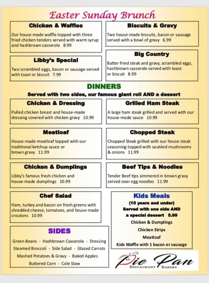 Menu at Pie Pan Restaurant & Bakery, Evansville