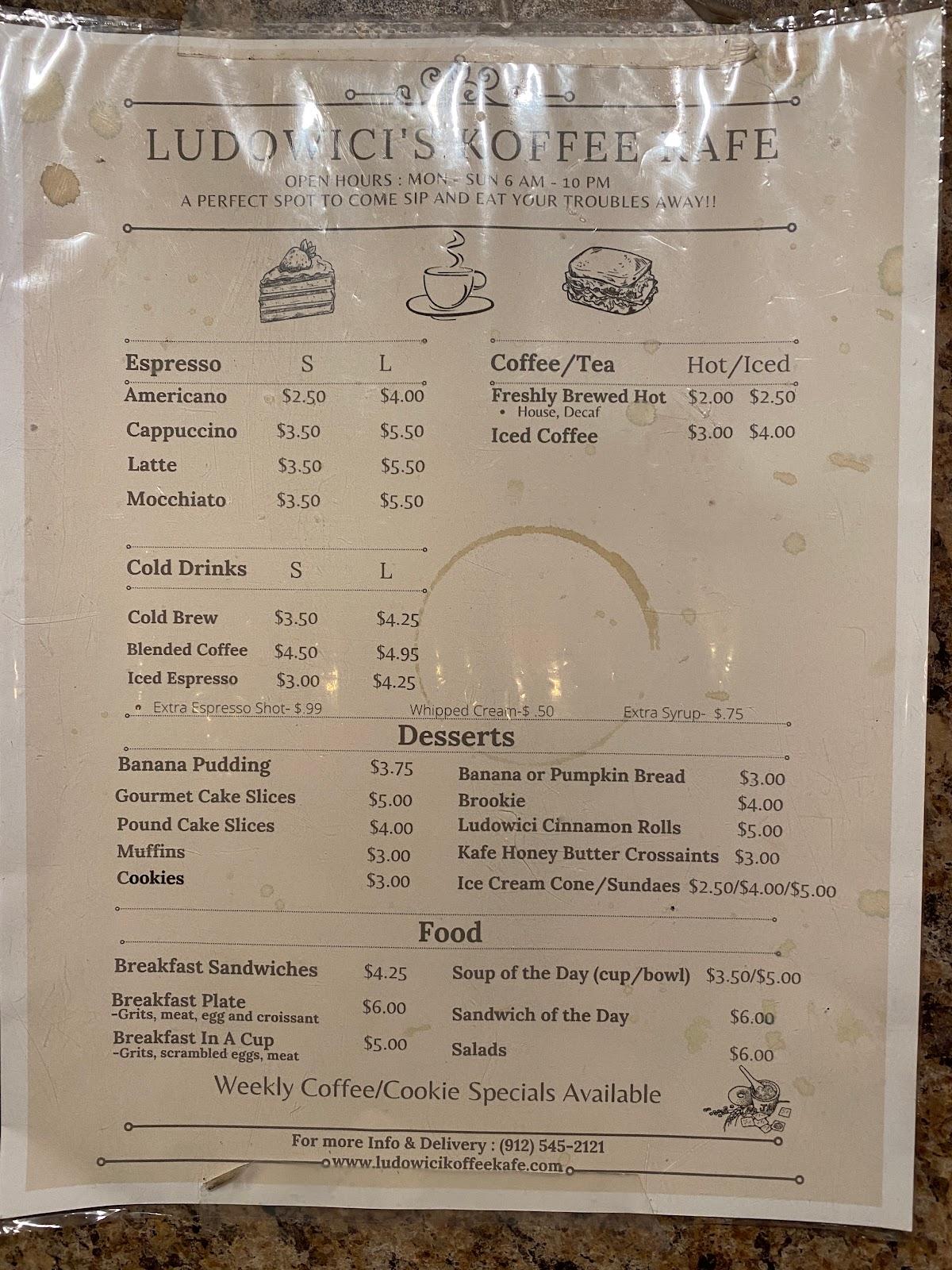 Menu at Ludowici Koffee Kafe restaurant, Ludowici