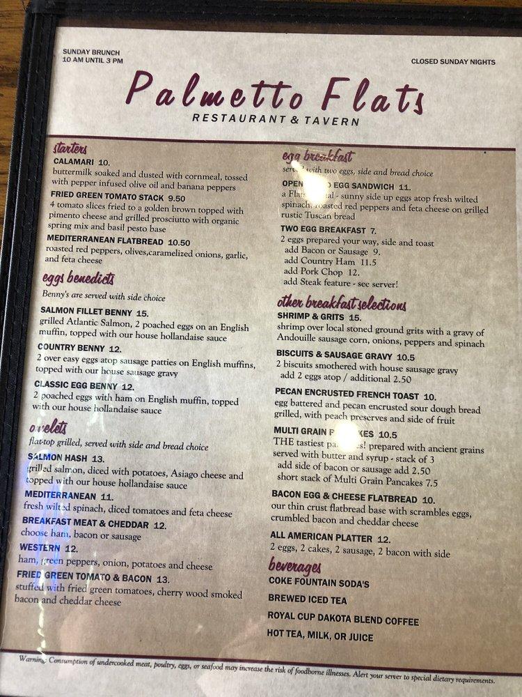 Menu at Palmetto Flats Restaurant & Tavern, Summerville