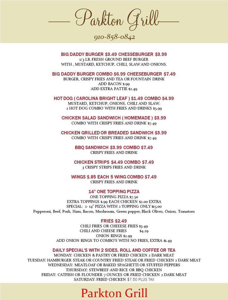 Menu at Parkton Grill restaurant, Parkton, 67 David Parnell St