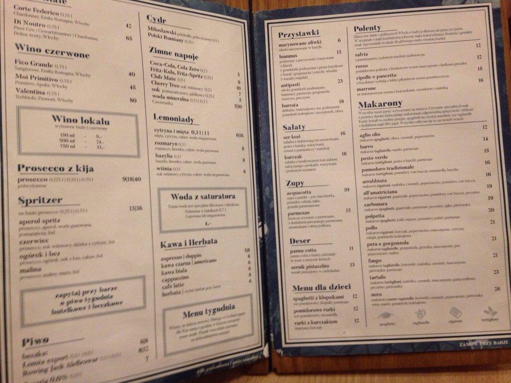 Menu at Pasta Miasta restaurant, Gdynia