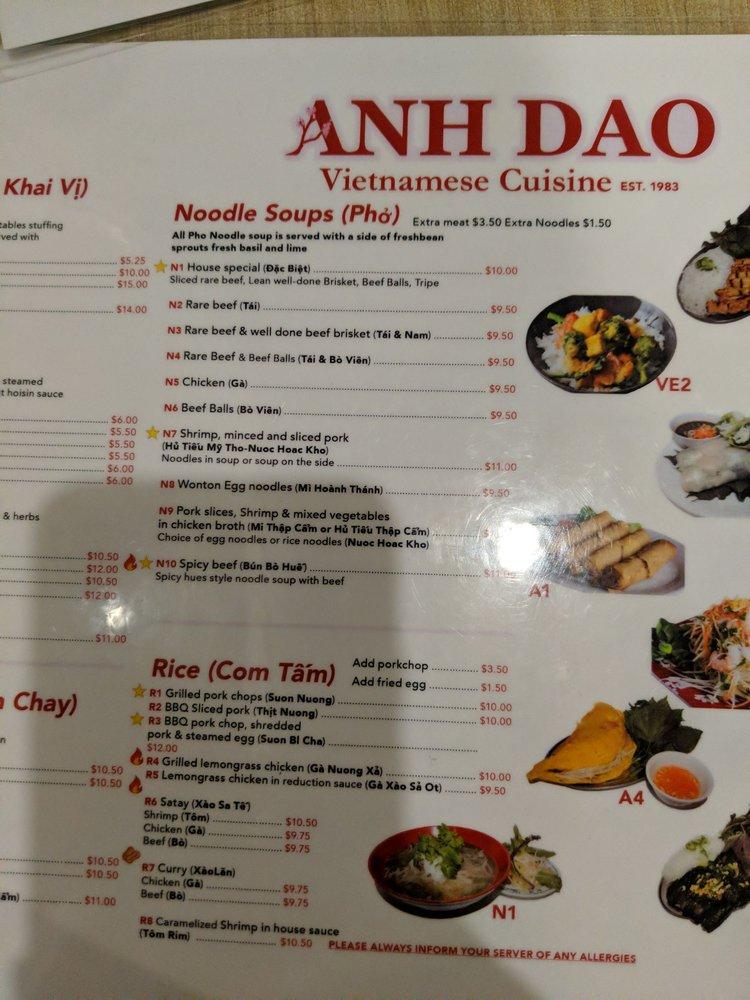Menu at Anh Dao Restaurant, Toronto