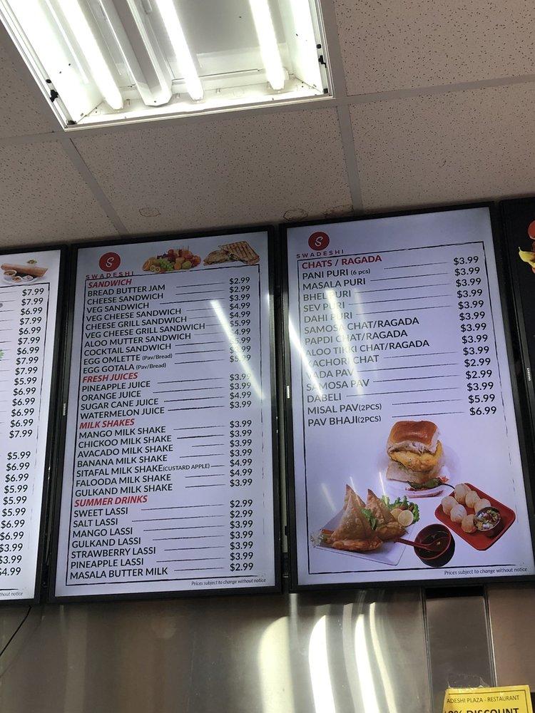 Menu at Swadeshi Plaza restaurant, Irving