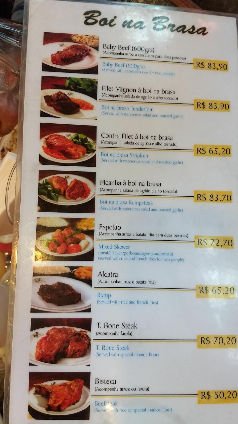 Menu em Boi na Brasa churrascaria São Paulo R Marquês de Itu