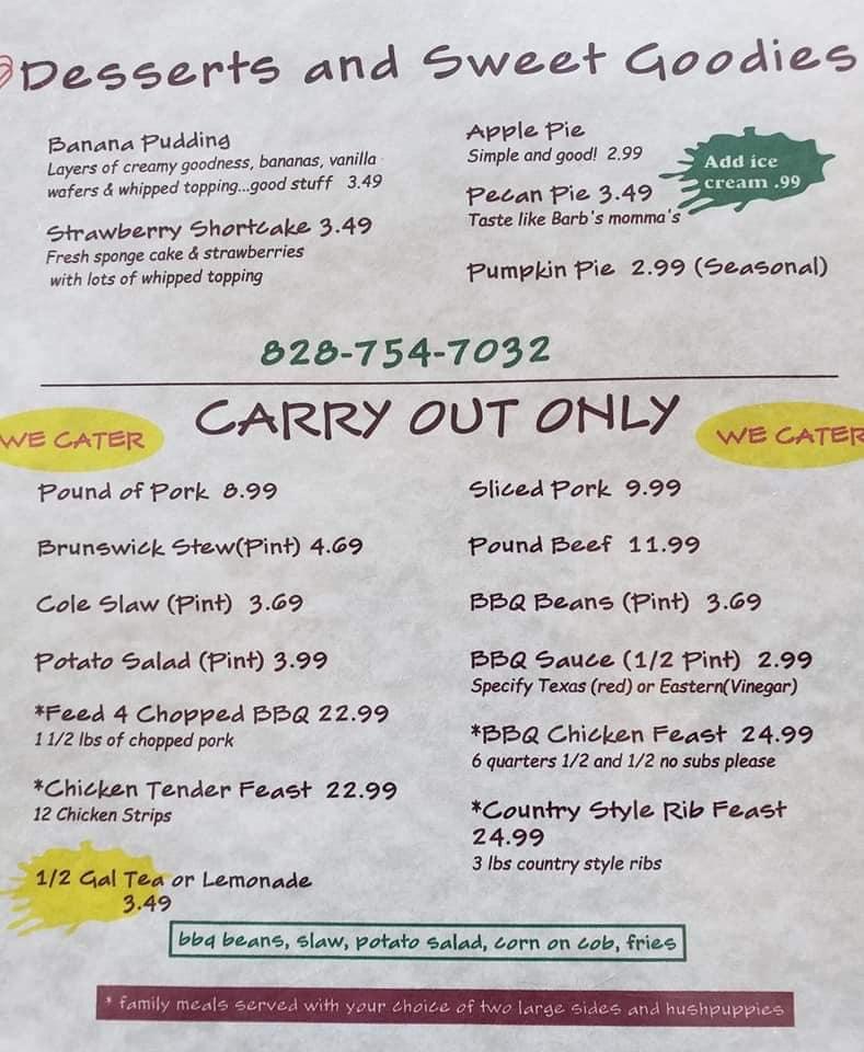 Menu at Hannahs BBQ Lenoir, Lenoir
