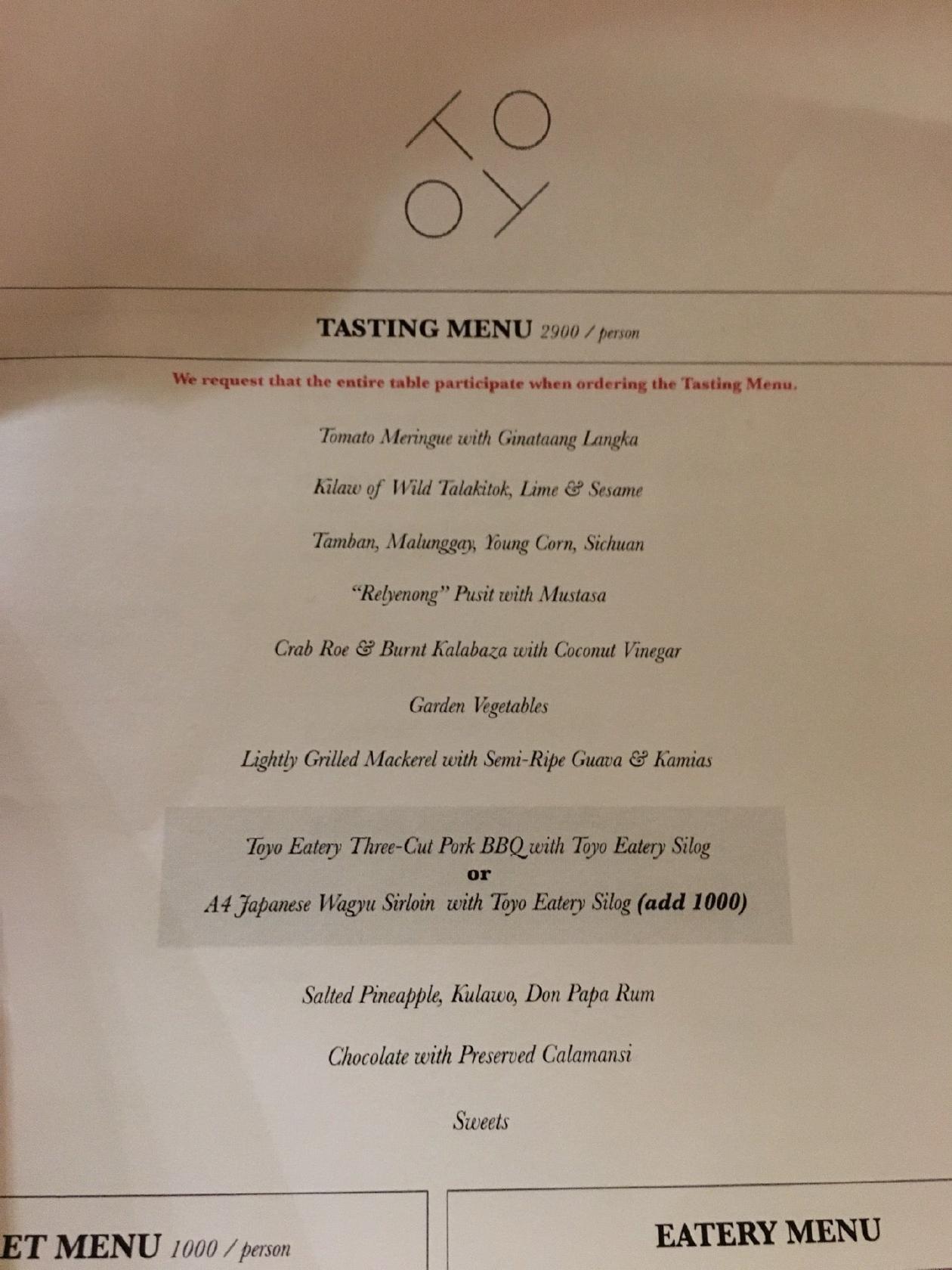 Tasting Menu Price