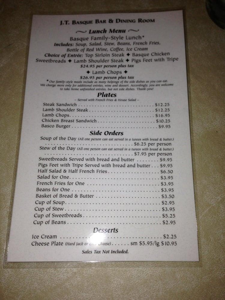 Menu at J T Basque Bar & Dining Room, Gardnerville