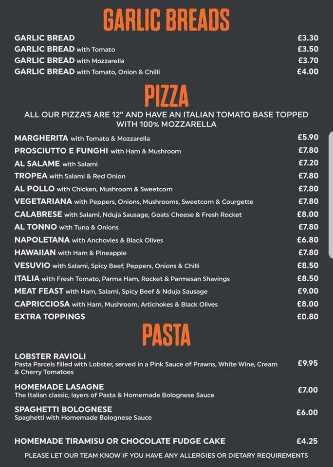 Menu at Pizza on the Piazza LTD restaurant, Great Eccleston