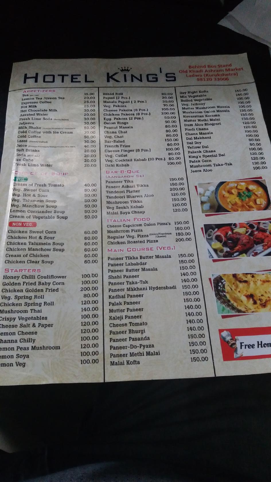 hotel king's menu