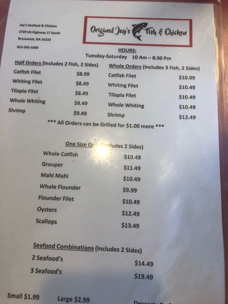 Menu at Original Jay's Fish & Chicken restaurant, Brunswick