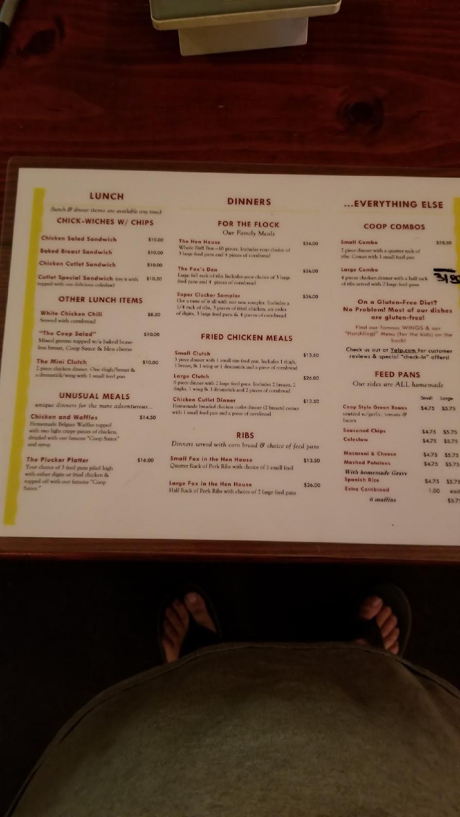 Menu at BC's Chicken Coop restaurant, ster