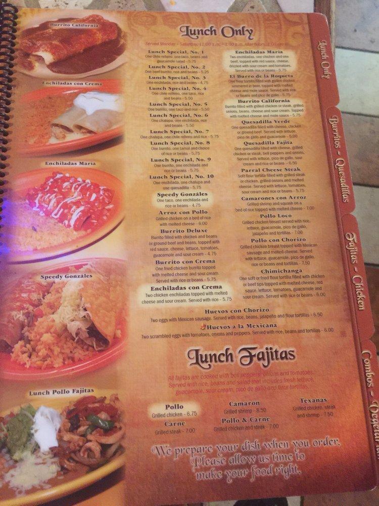 Menu at El Parral restaurant, Reidsville