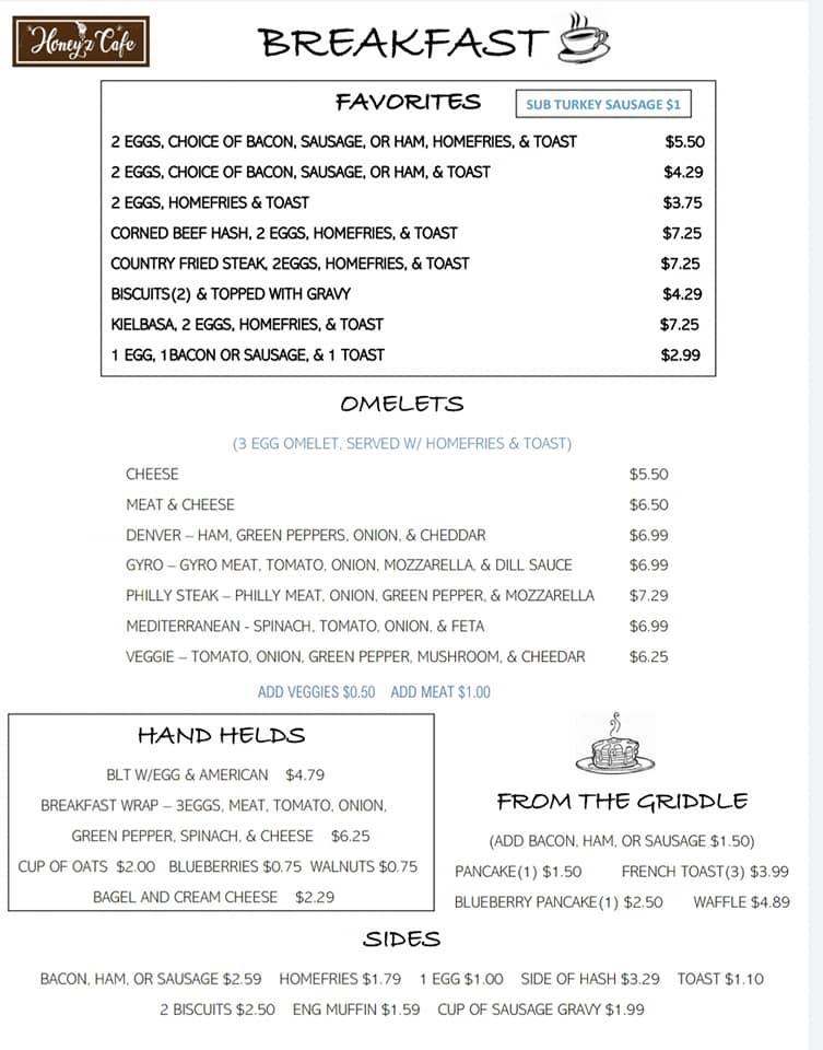 Menu at Honey'z cafe, Kirtland