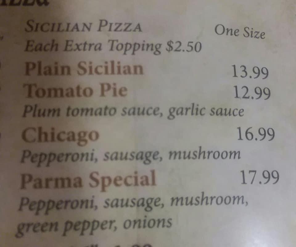 Menu at Parma Pizza pizzeria, Clayton