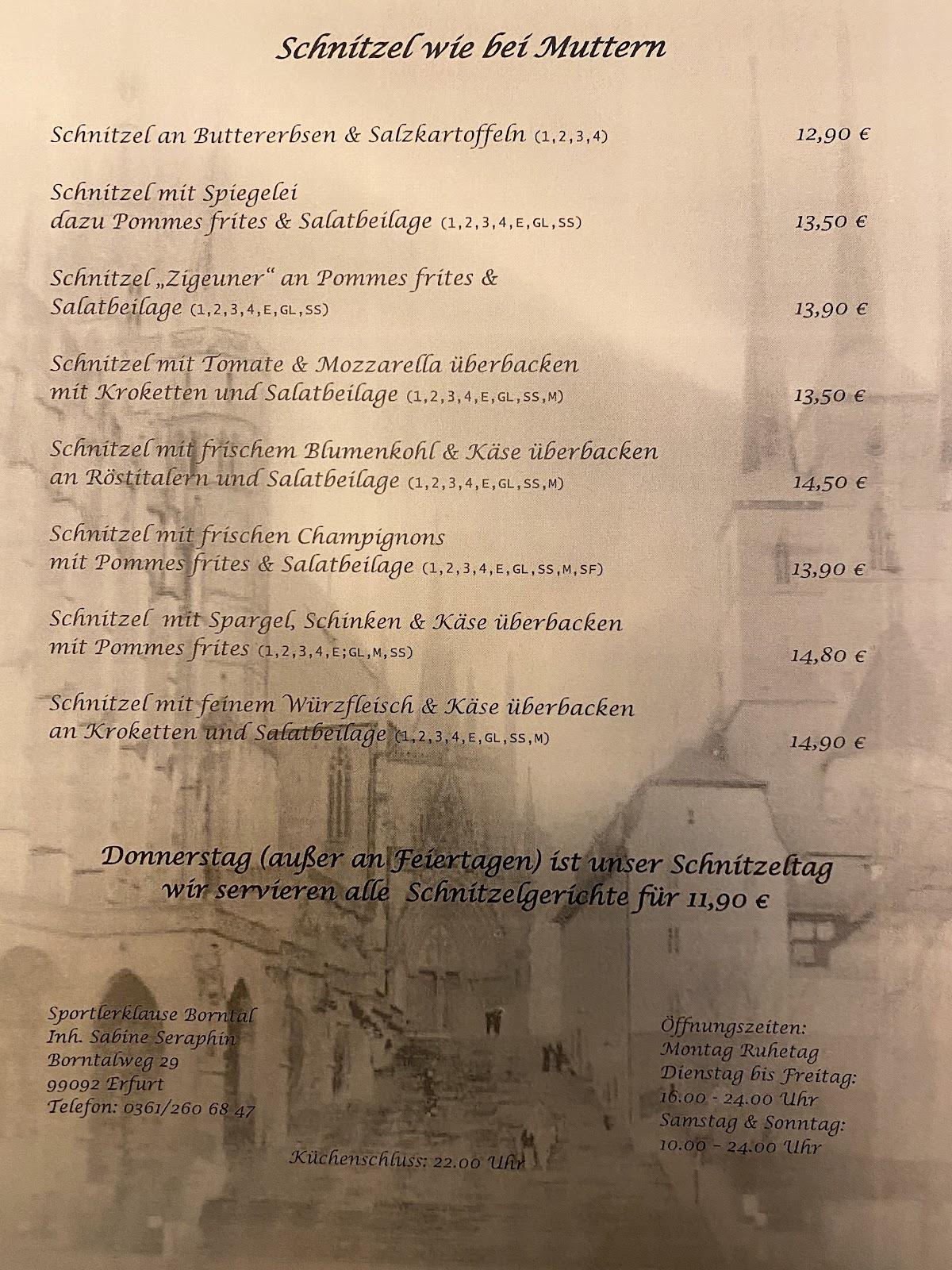 Menu at Sportlerklause Borntal Sabine Seraphin restaurant, Erfurt
