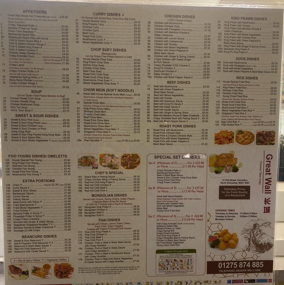 Menu at Great Wall Clevedon Chinese Take Away restaurant, Clevedon