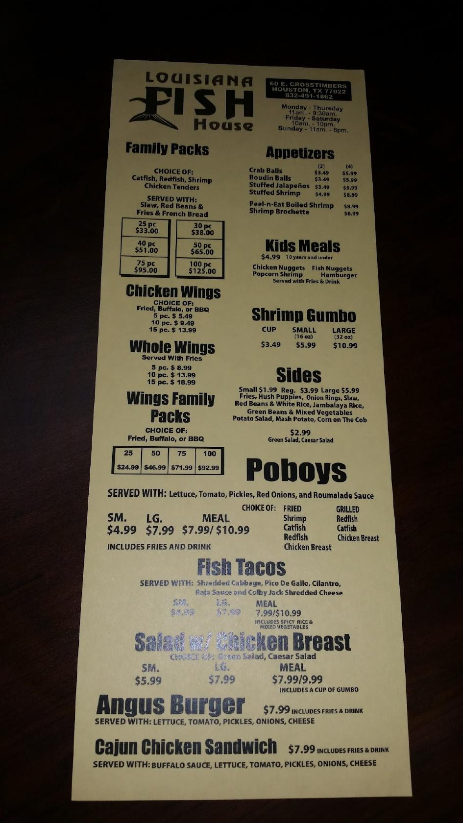 Menu at Louisiana Fish House restaurant, Houston, 60 E Crosstimbers St