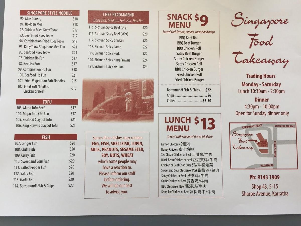 Carta del restaurante Singapore Food Takeaway, Karratha