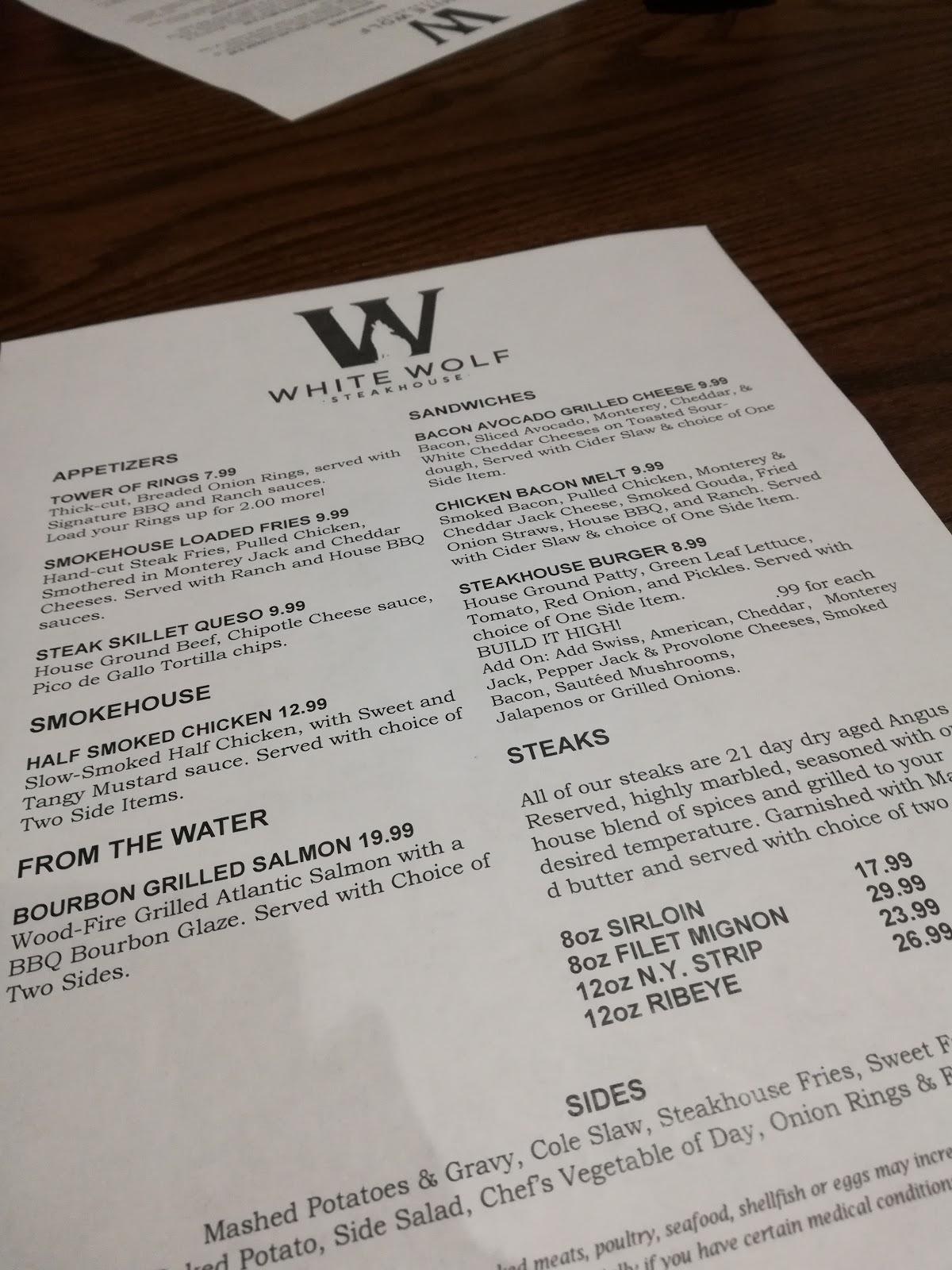 Menu at White Wolf Steakhouse, Tahlequah
