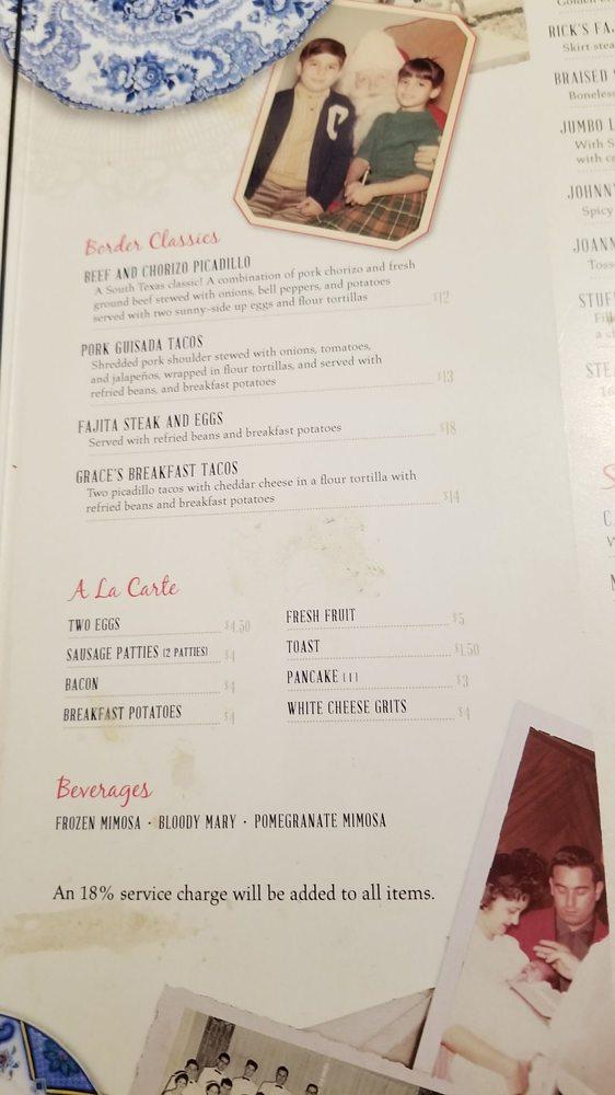 Menu at Grace's restaurant, Houston