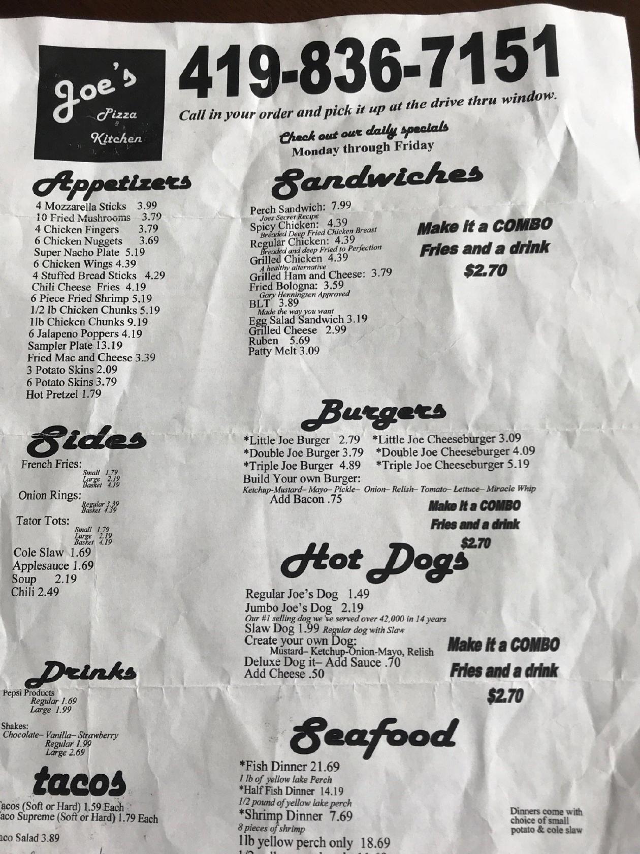 Menu at Joe's Pizza Kitchen (S&G) pizzeria, Oregon