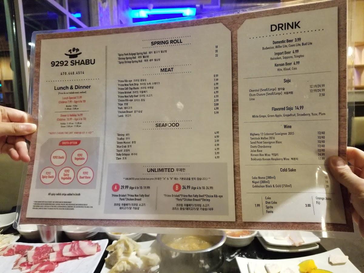 Menu at 9292 Shabu Healthy Korean restaurant, hot pot Duluth, GA