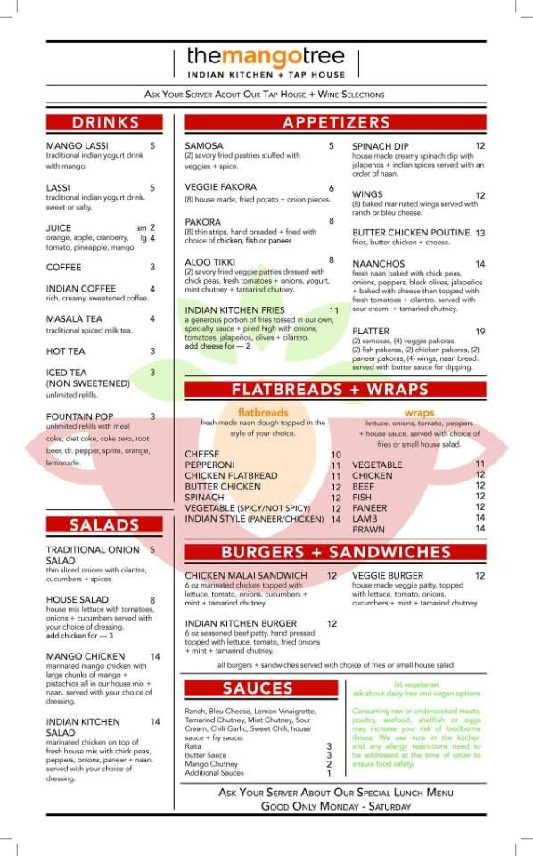 Menu at The Mango Tree restaurant, Spokane