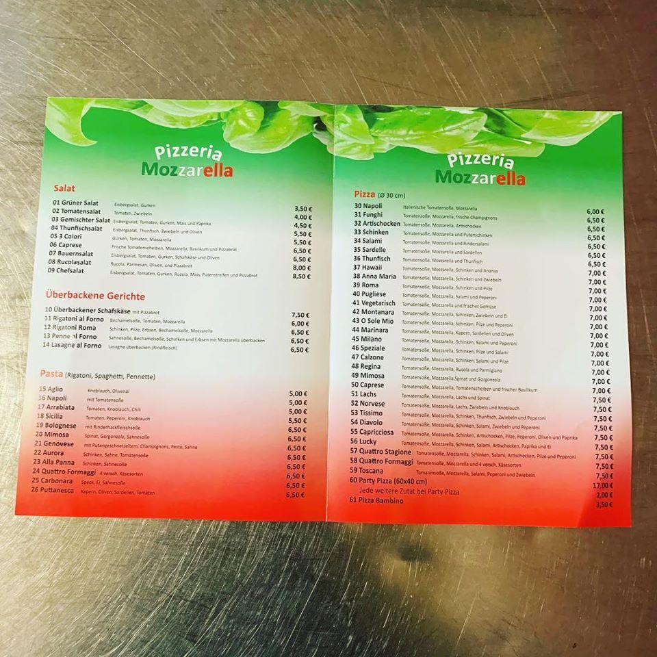 Speisekarte von Pizzeria mozzarella, Ulm