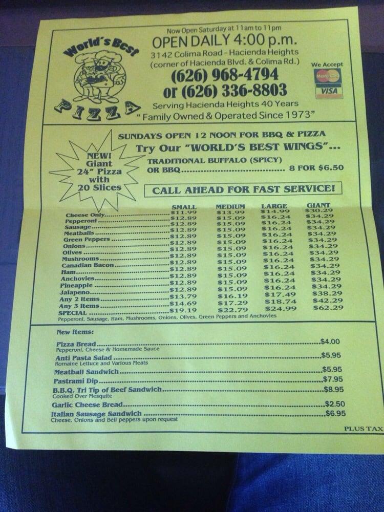 Menu At World's Best Pizza Pizzeria, Hacienda Heights