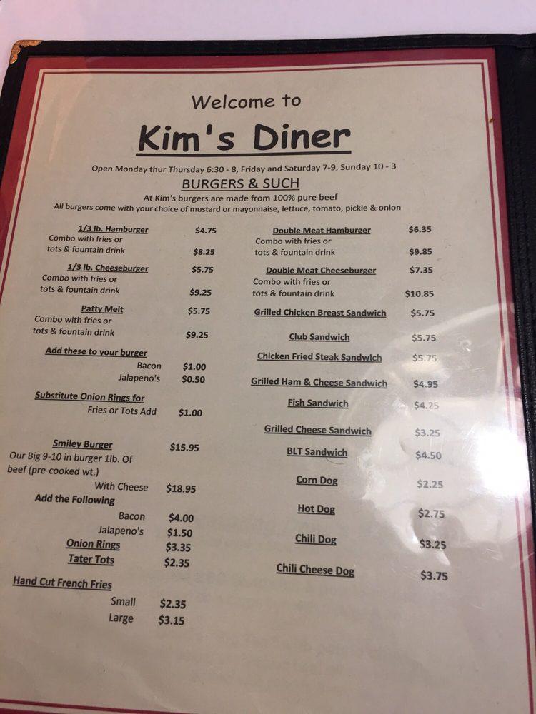 Menu at Kim's Diner cafe, Waco