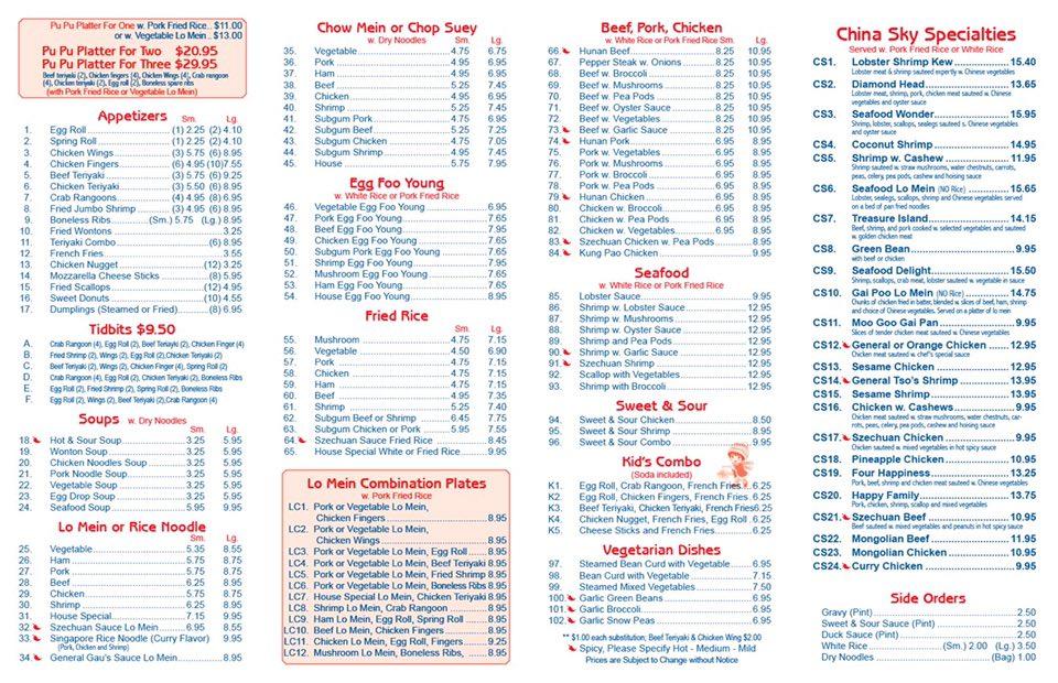 Menu at China Sky restaurant, Norridgewock, 50 Main St