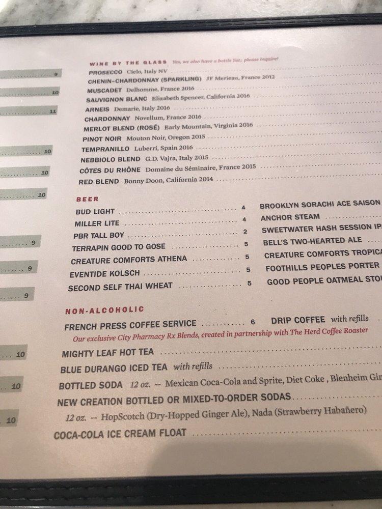 Menu at City Pharmacy pub & bar, Covington