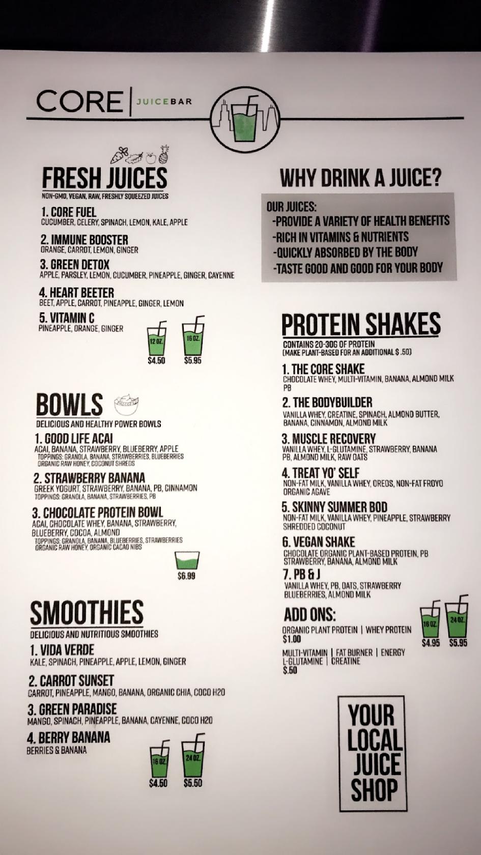 Menu at Core Juice Bar, Chicago, S Archer Ave