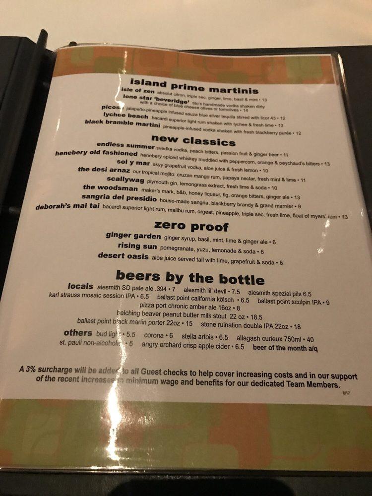 Menu at Island Prime steakhouse, San Diego, 880 Harbor Island Dr
