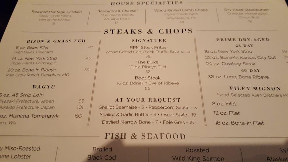 Menu at RPM Steak pub & bar, Chicago