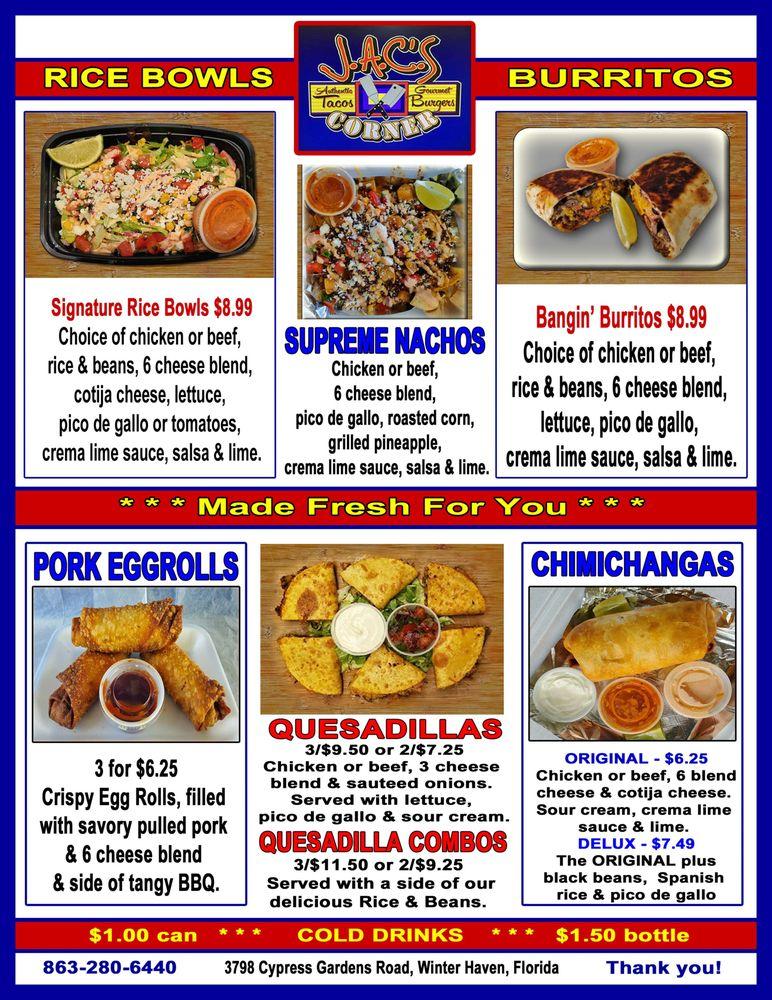 Menu at J.A.C.'S Corner restaurant, Winter Haven