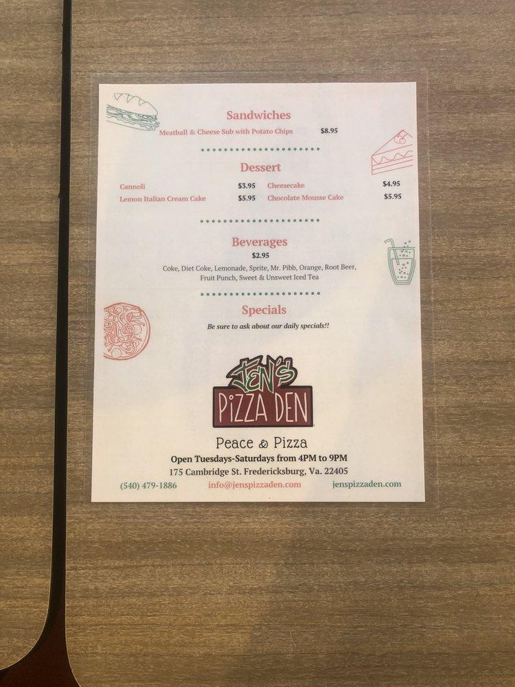 Menu at Jen's Pizza Den pizzeria, Fredericksburg