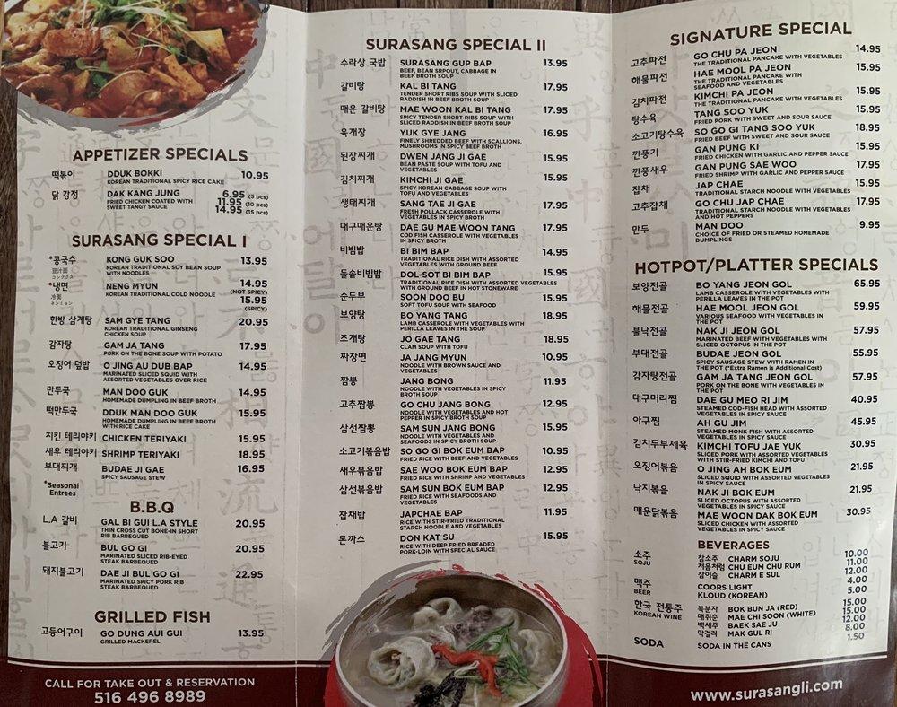 Menu at Surasang Korean Restaurant, Syosset