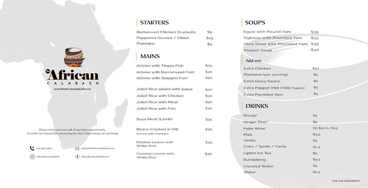 Menu at The African Calabash restaurant, Footscray